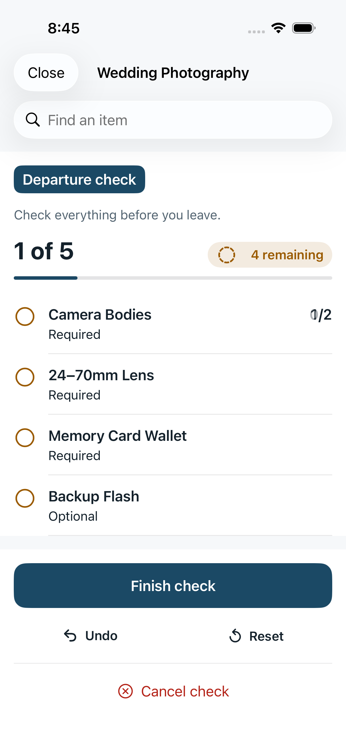 An active Departure check showing one of five required items checked, item rows, and Undo, Reset, Cancel Check, and Finish controls.