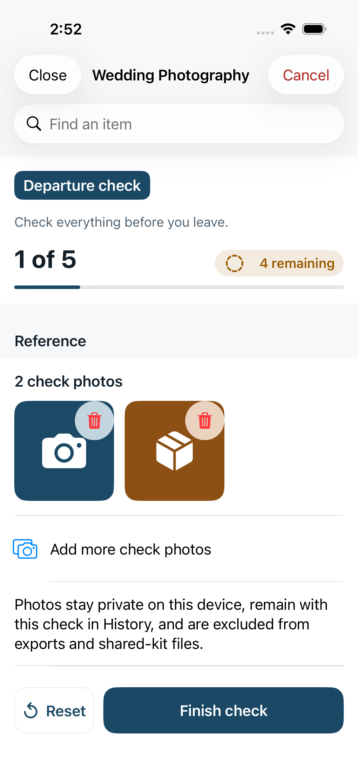 LastItem Pro Departure check showing Reference with two ordered check-photo thumbnails, red Remove photo controls, Add more check photos, and text explaining that photos stay private and out of exports.