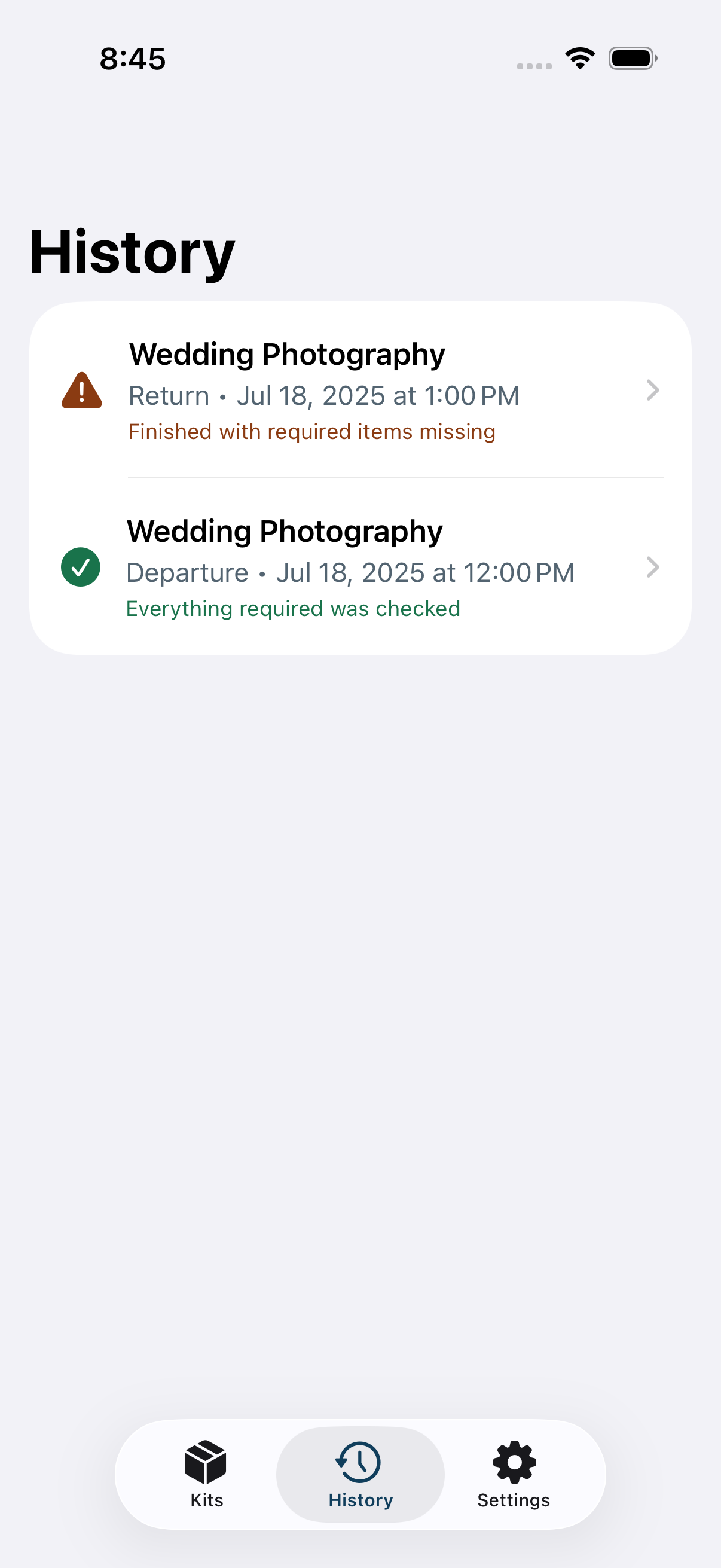 LastItem History showing a Departure completed with missing required items and another completed with all required items.