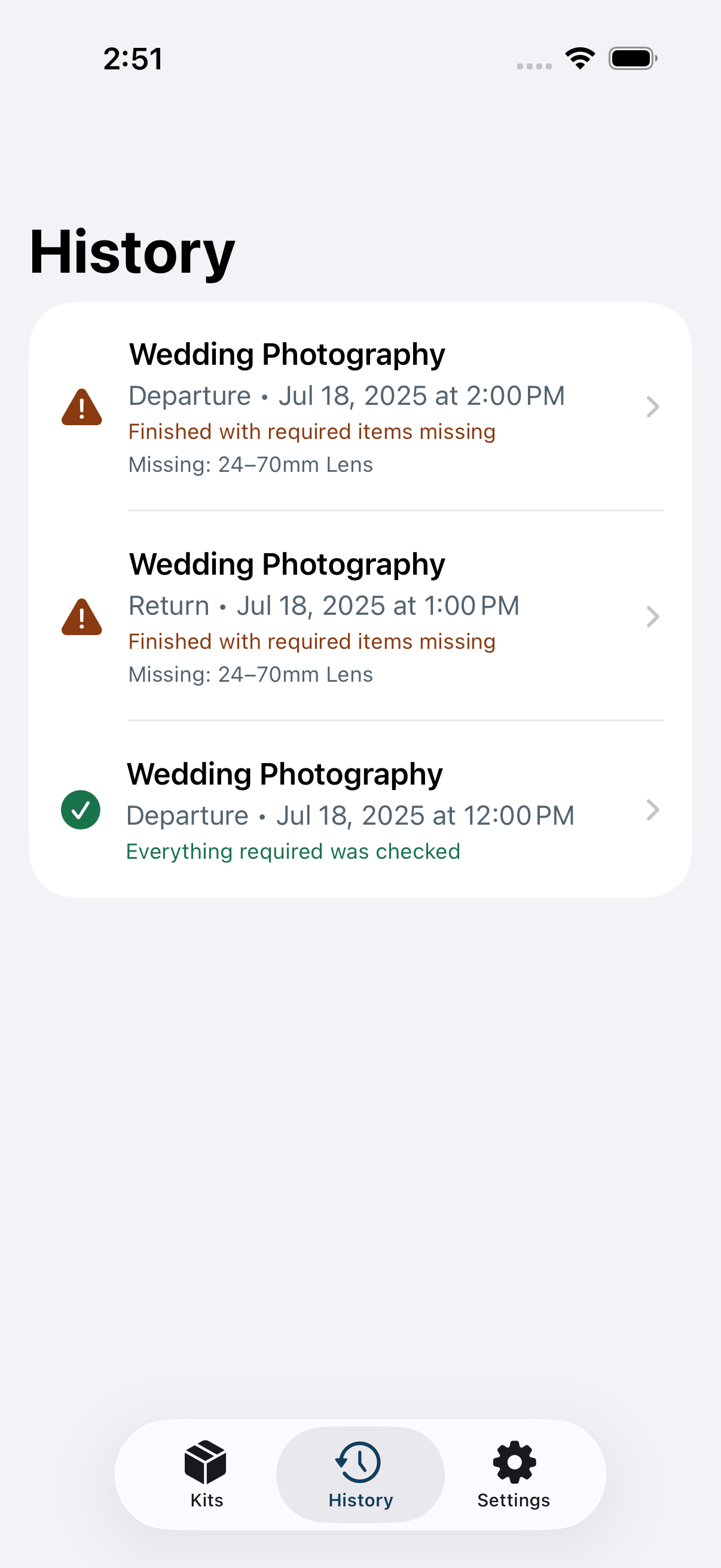 LastItem History showing an incomplete Departure and Return with the missing 24-70mm Lens named, followed by a complete Departure labeled Everything required was checked.