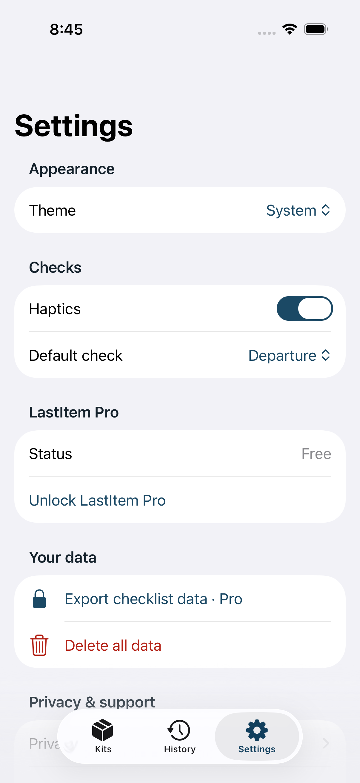 LastItem Settings showing Free and Pro limits, Your Data, purchase, and legal controls.