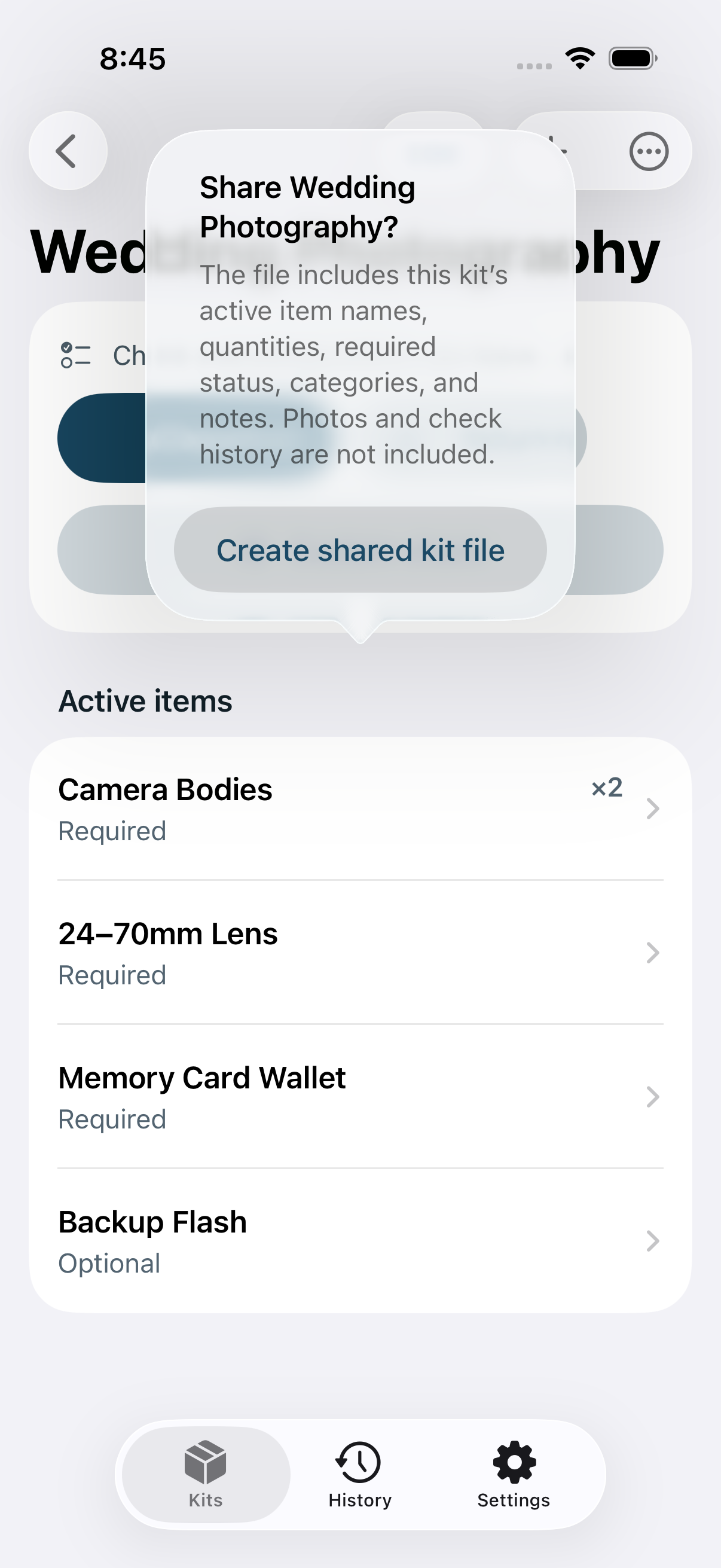 LastItem Share Kit confirmation explaining that current kit and active items are included while photos and check history are excluded.